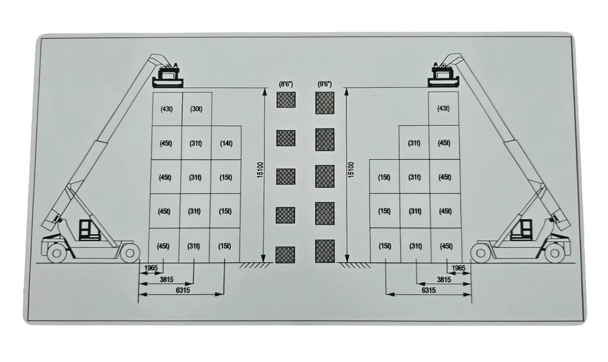 Grijs gegraveerd informatiepaneel met technische tekeningen en maat- en capaciteitsaanduidingen.
