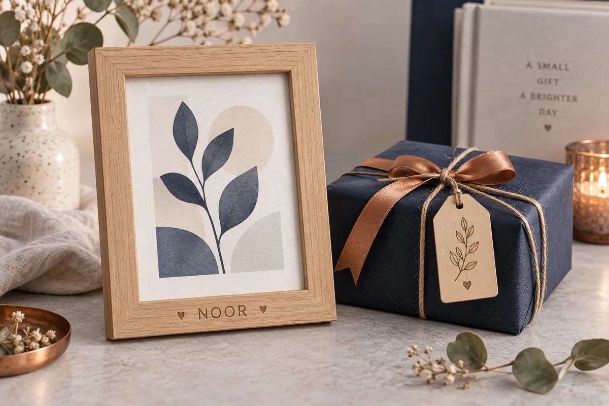 Illustratieve houten fotolijst met naamgravure naast een cadeau met houten label.