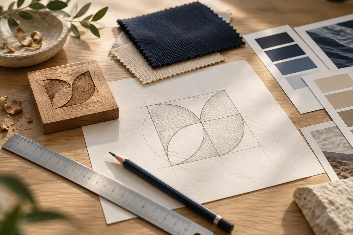 Illustratieve ontwerptafel met een schets, houtgravure, stofstalen en kleurproeven.