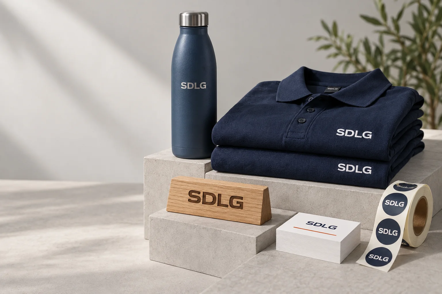 Illustratieve productopstelling: gegraveerde fles, borduurwerk en drukwerk van SDLG.