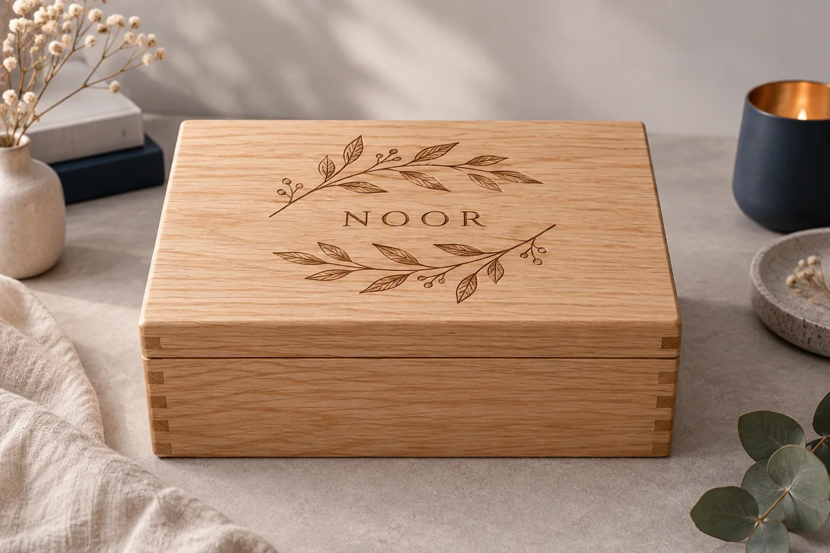 Illustratieve eiken bewaardoos met een gegraveerd bladmotief en de naam Noor.