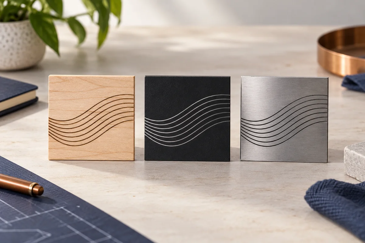 Illustratieve gravureproeven op hout, zwart gecoat metaal en ongecoat RVS.