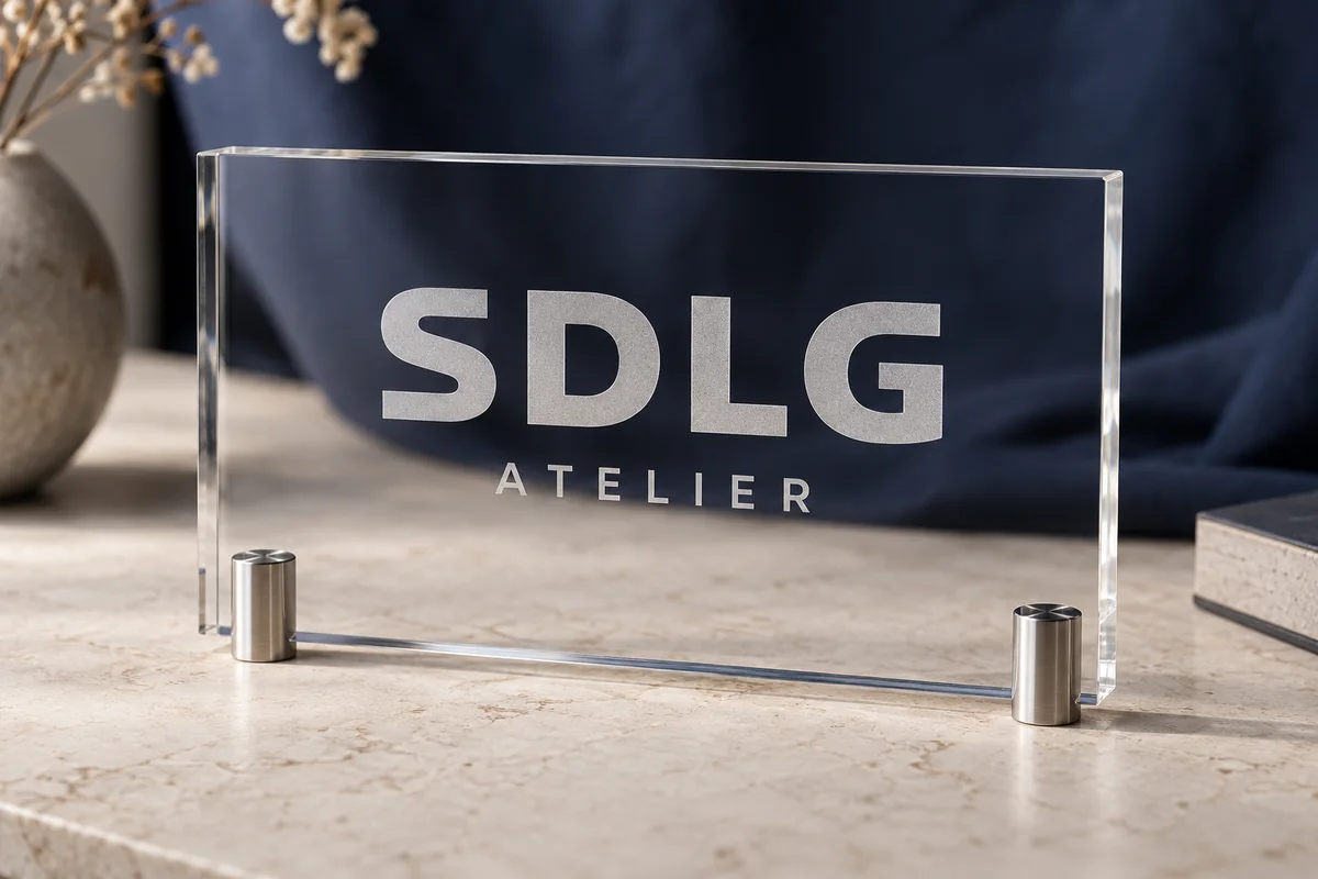 Illustratief transparant acrylaatbord met matte SDLG-gravure.