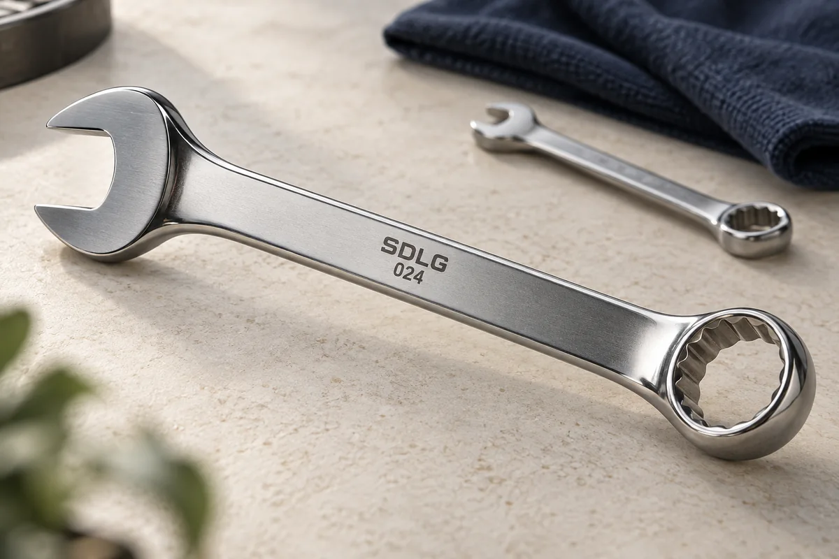 Illustratieve metalen ringsleutel met een kleine SDLG-markering en nummer op de schacht.