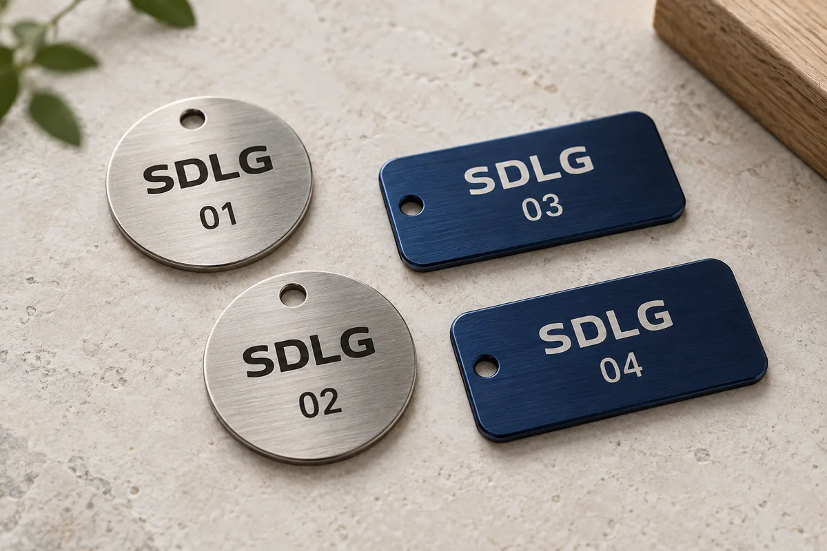 Illustratieve ronde metalen penningen en blauwe labels met SDLG en de nummers 01 tot en met 04.
