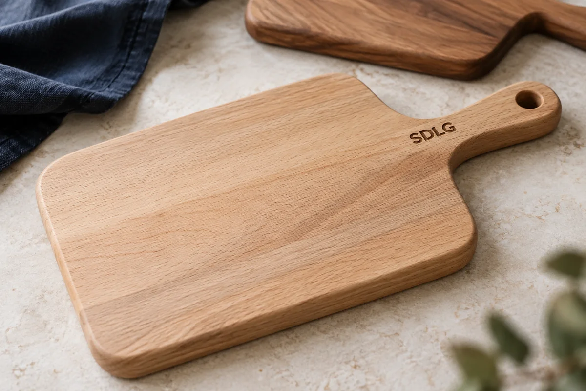 Illustratieve houten serveerplank met een kleine SDLG-gravure bij het handvat.