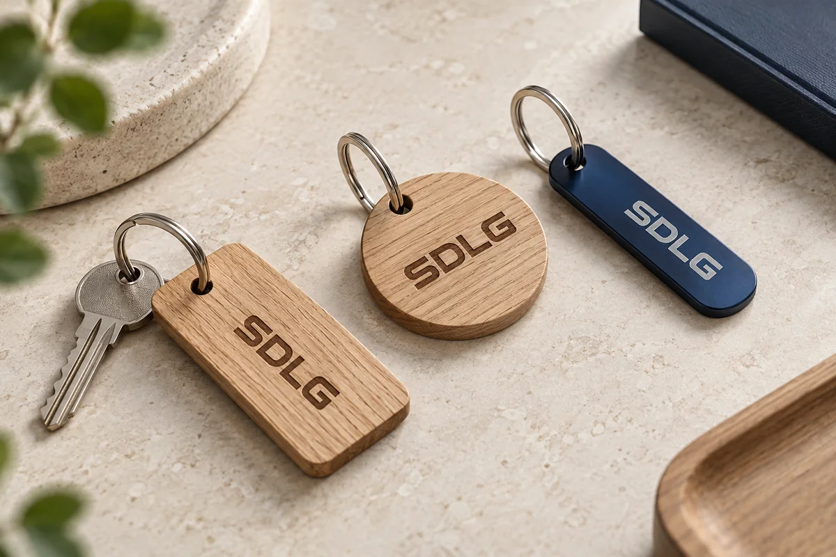 Illustratieve houten en donkerblauwe metalen sleutelhangers met SDLG-gravure en sleutelringen.