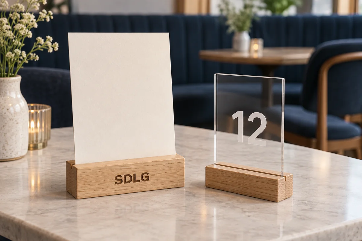 Illustratieve houten menukaarthouder met SDLG-gravure en acrylaat tafelnummer 12 in een houten voet.