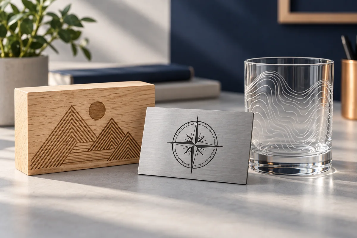 Illustratieve graveervoorbeelden op hout, metaal en glas.