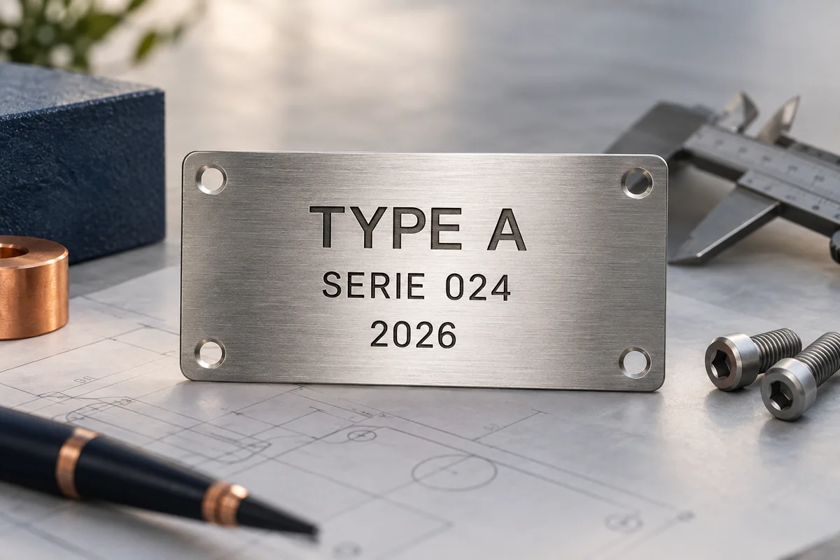 Illustratief RVS-typeplaatje met type, serienummer, jaartal en vier bevestigingsgaten.