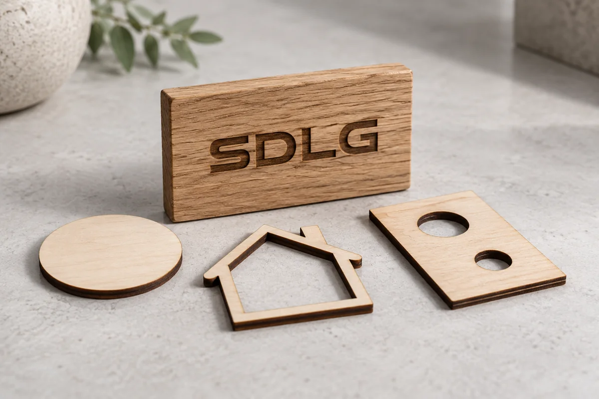 Illustratieve houtgravure met SDLG-logo en uitgesneden houten vormen.