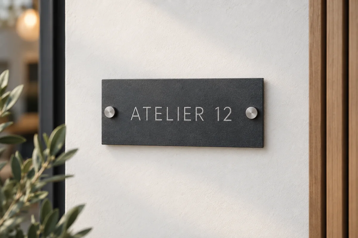 Illustratieve antraciet naamplaat met de gravure Atelier 12 en metalen afstandhouders.