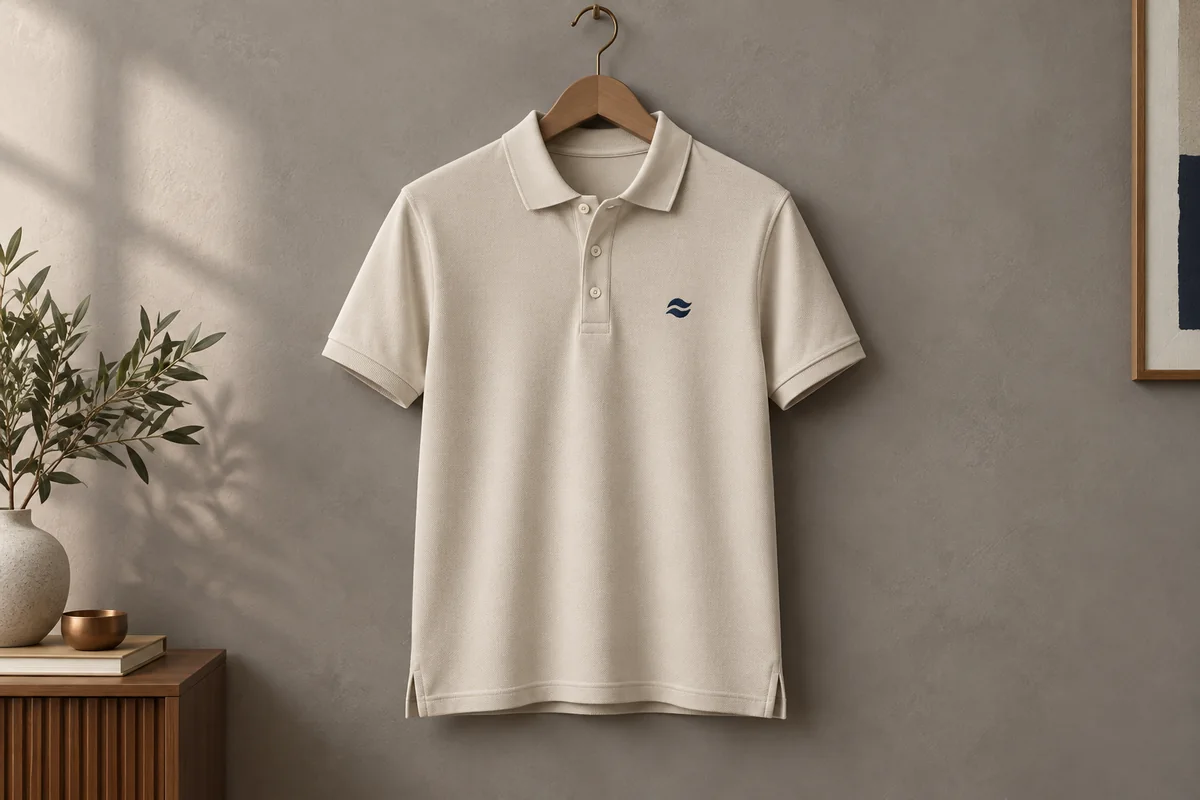 Illustratieve beige piqué polo met een klein donkerblauw geborduurd borstmotief.