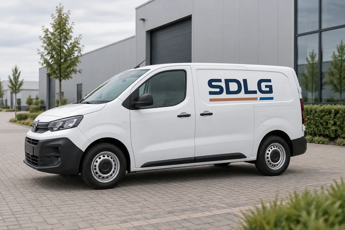 Illustratief voorbeeld van een witte bestelbus met rustige SDLG-belettering in navy en koper.