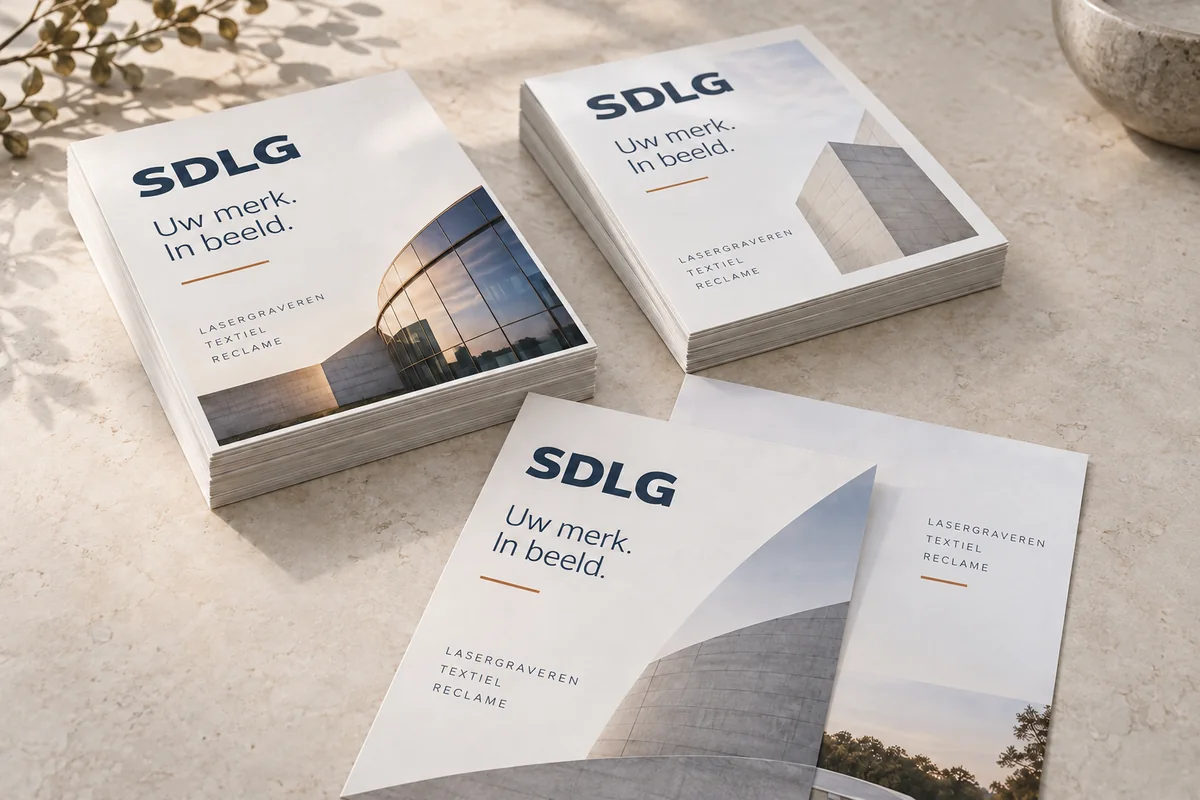 Illustratieve A5-flyers met een rustige SDLG-opmaak op een lichte ondergrond.