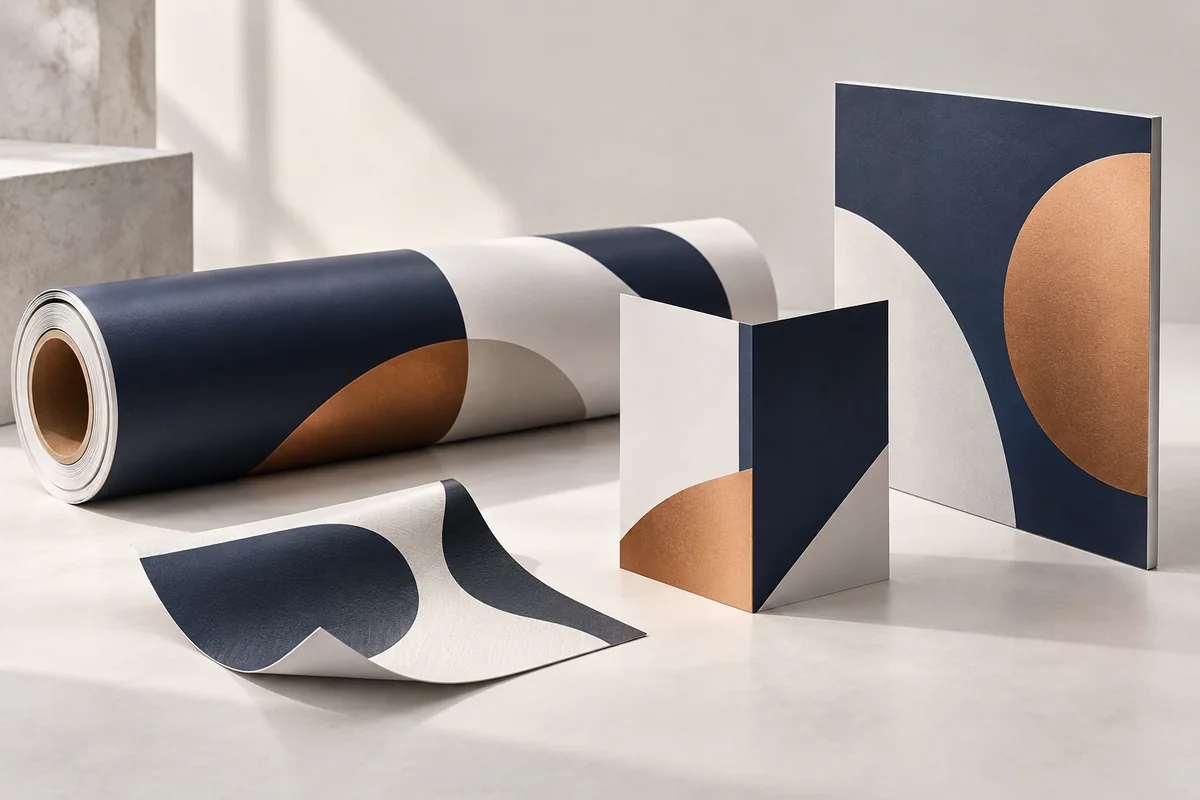 Illustratieve combinatie van bedrukte banner, folie, brochure en reclamepaneel.