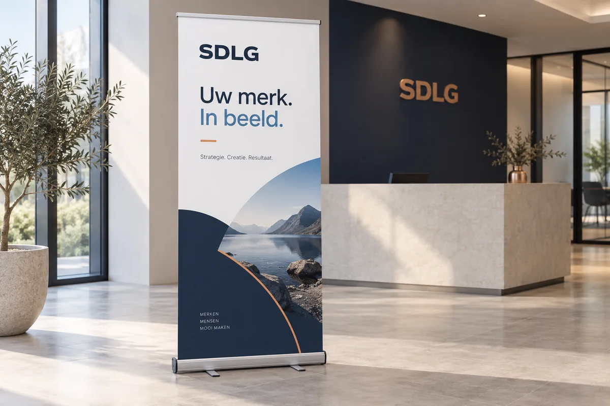 Illustratieve vrijstaande SDLG-roll-up banner met aluminium cassette in een lichte ontvangstruimte.