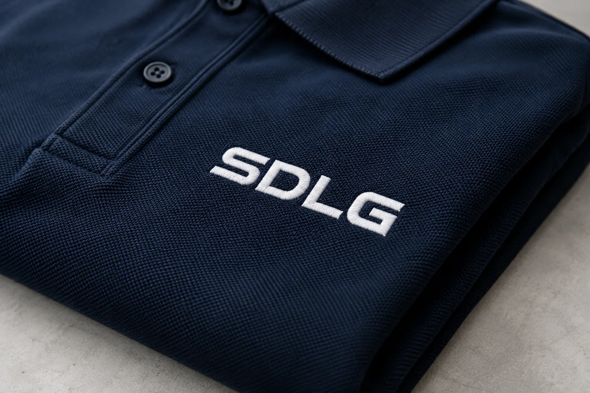 Illustratief voorbeeld van een geborduurd SDLG-logo op een donkerblauwe polo.