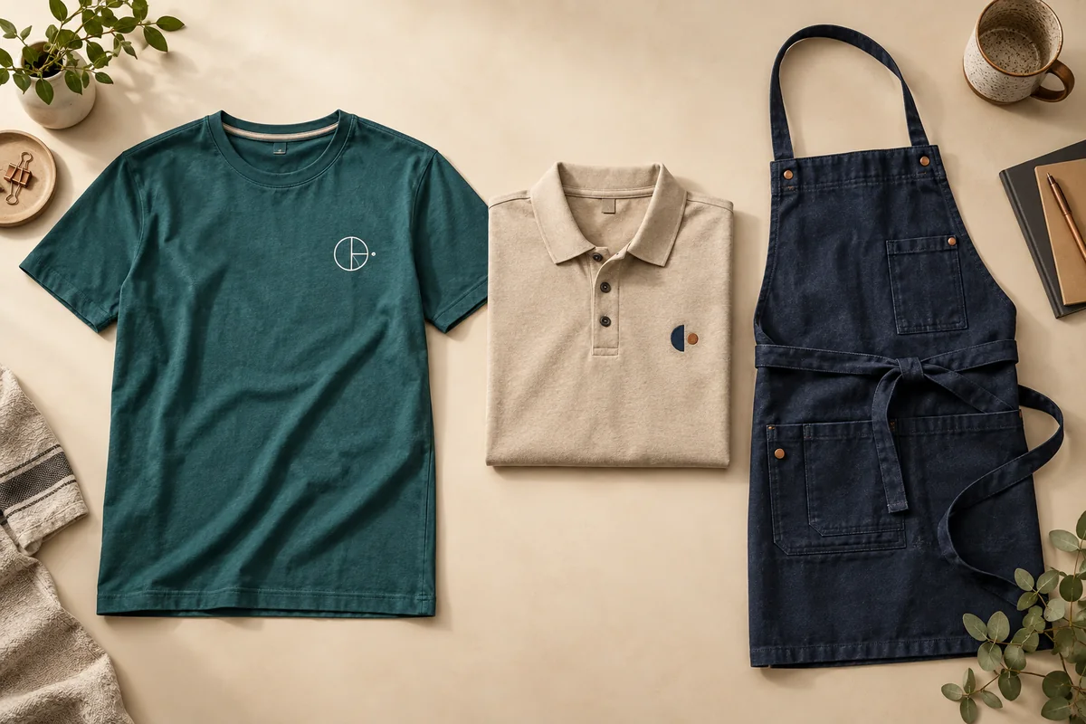 Illustratieve combinatie van een shirt, polo en schort met verschillende vormen van personalisatie.