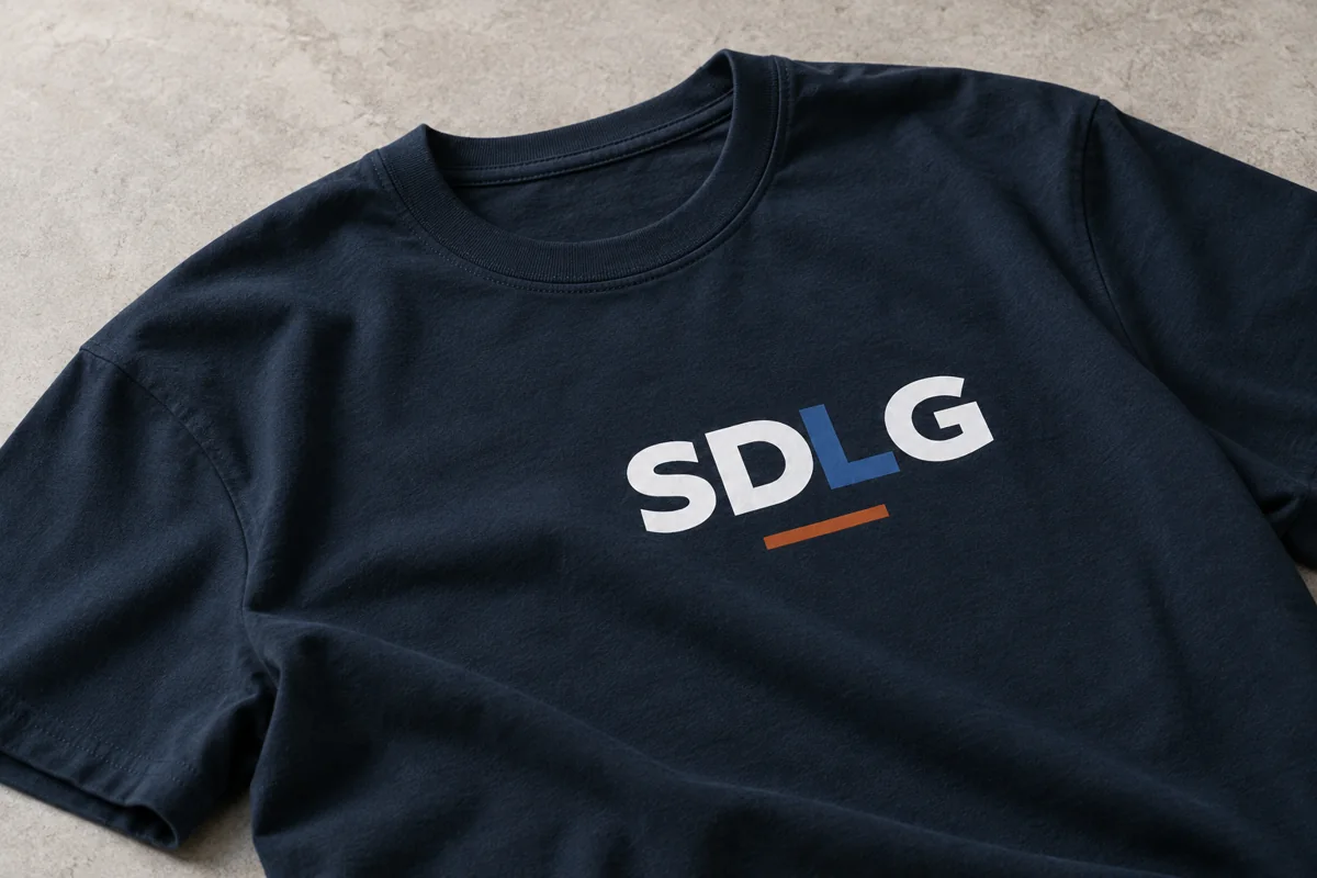Illustratief voorbeeld van een vlakke SDLG-bedrukking op een donkerblauw T-shirt.
