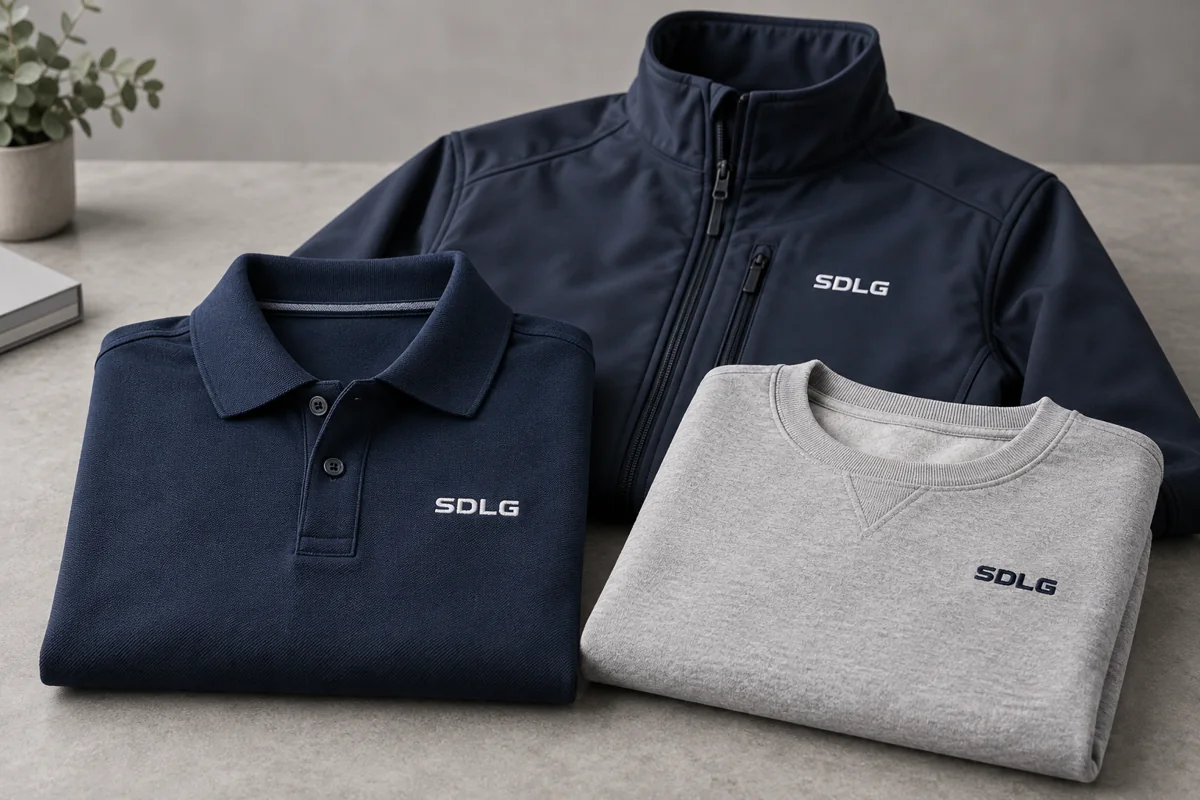 Illustratieve kledingcombinatie met een navy polo, een grijze sweater en een navy jas met SDLG-logo.