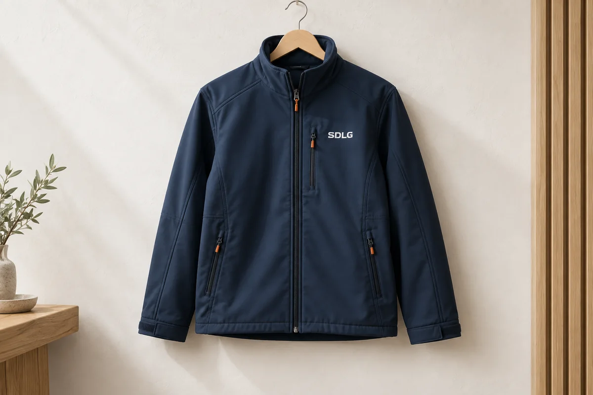 Illustratieve donkerblauwe softshelljas op een hanger met wit SDLG-borstlogo.