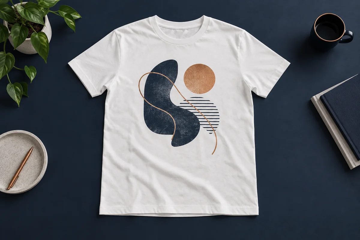 Illustratief wit T-shirt met een abstracte borstprint in donkerblauw en koper.