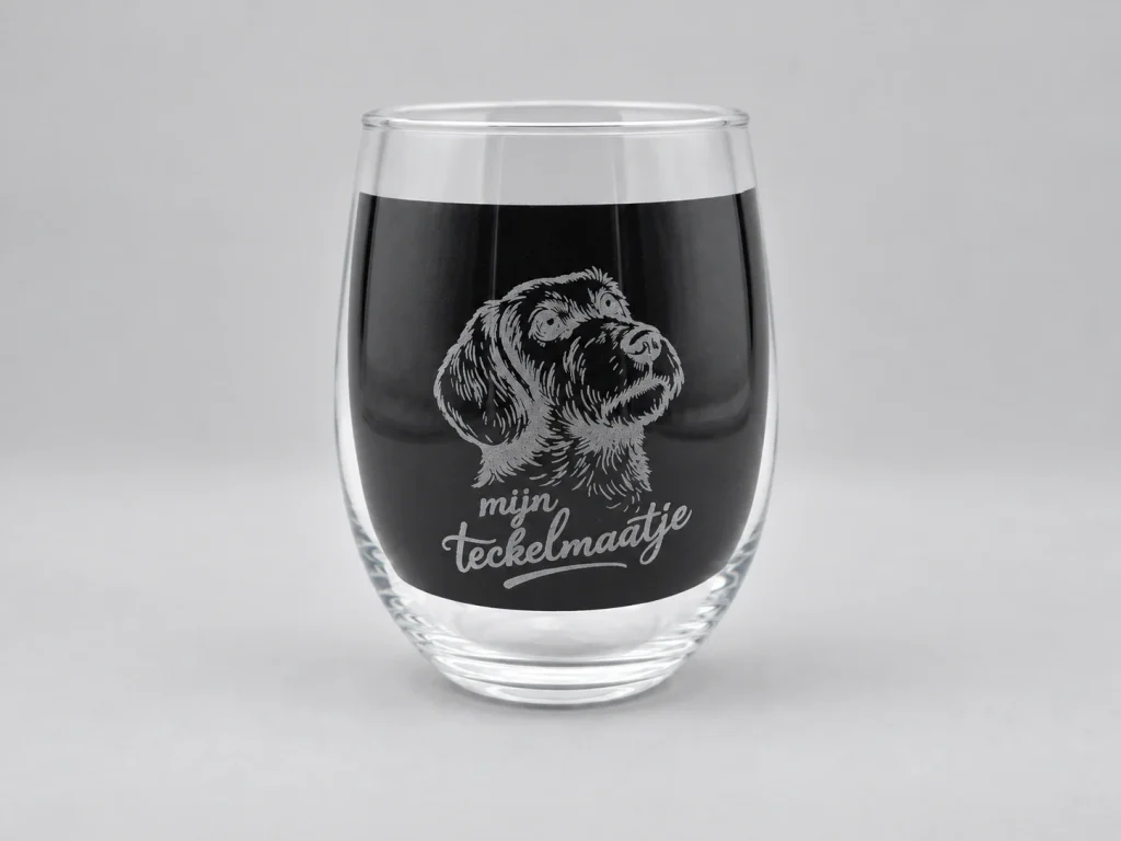 Bol drinkglas met een lasergravure van een ruwharige teckel en de tekst mijn teckelmaatje