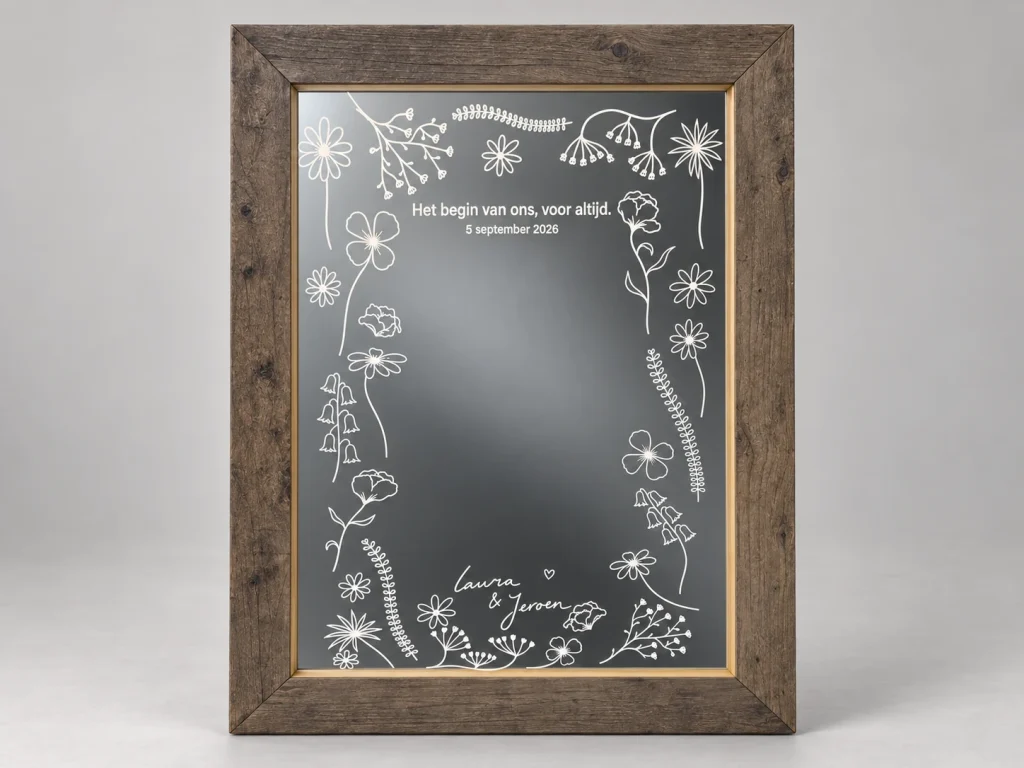 Detail van de spiegel met bloemengravure, trouwtekst, datum en namen in een houten lijst