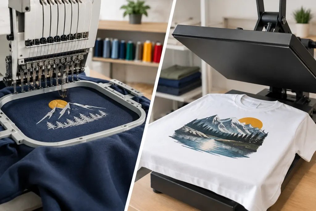 Illustration comparing embroidery or DTF: an embroidery machine on the left and a printed T-shirt under a press on the right.