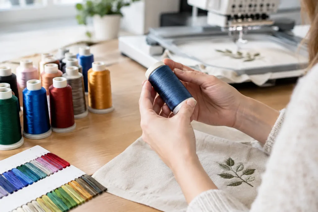 Illustration of embroidery thread: a blue spool examined beside thread samples and an embroidery machine.