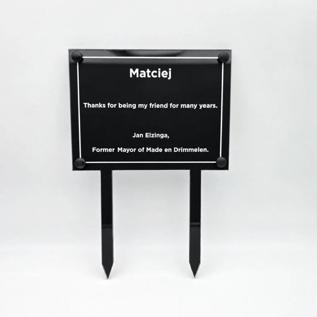 Memorial plaque in black and clear acrylic for Jan Elzinga, with light engraved lettering and two pointed ground stakes.