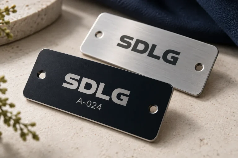 Illustrative aluminium plates with SDLG lettering