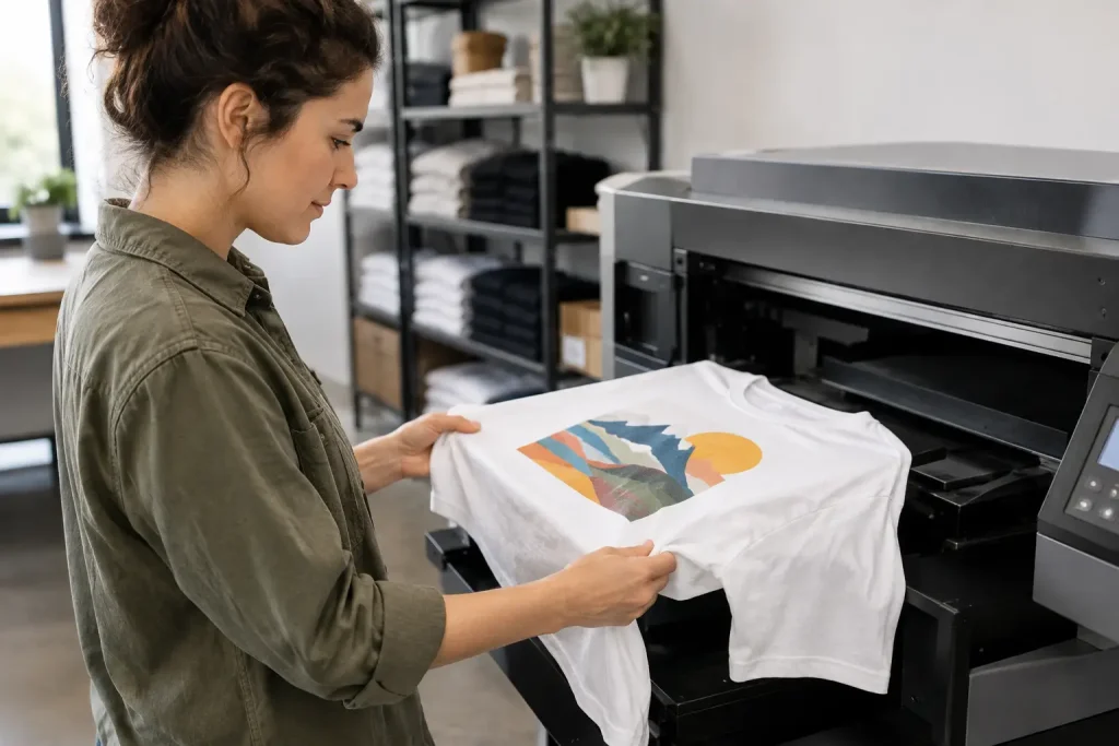 Illustration of a printed white T-shirt being checked beside a textile printer.